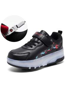 BLSART New Kids 4-Wheel Retractable LED Light-Up Rechargeable Hidden Wheel Colorblock Leather Hook & Loop Roller Skate Shoes, Unisex Daily Commute Flashing Sports Shoes - Black - View 10