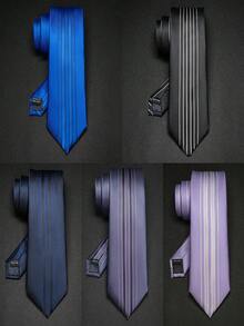 Elegante corbata de satén con múltiples rayas finas y clip para corbata para hombres, corbata de rayas verticales resistente a las arrugas, ideal para oficina, boda, fiesta y regalo - Corbatas y alfileres de corbata - Ver 1