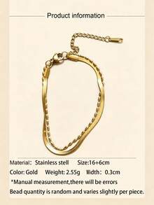 1pc Stainless Steel Double Layer Stacked Gold Snake Chain + Rice Bead Bracelet, Minimalist Cold Style Fashion Design Elegant High-End Daily Commute Versatile Women's Jewelry - Gold - View 5