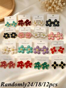24/18/12pcs Classic Colorful Enamel Stainless Steel Earrings For Women, Exquisite And Elegant Earring Set. Summer Women's Earring Set. Stainless Steel Material, Floral Design. Elegant Everyday Wear Earrings, Ideal Valentine's Day Gift (Randomly Shipped) - Oil Dripping Kit - View 1