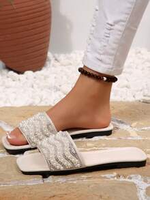 2026 Summer New Fashion Square Toe Casual Mule Open Toe Versatile Beach Soft Sole Comfortable Fairy Rhinestone Flat Slide Sandals For Women - Beige - View 3