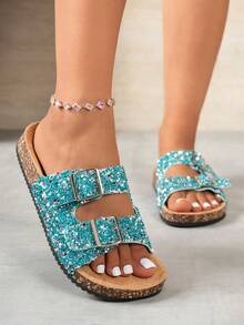 Sandalias de plataforma de corcho con strass y doble hebilla de punta abierta para mujer - Azul Cadete - Ver 3