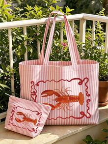 Casual Striped Canvas Tote Bag, Fun Lobster Print, Large Capacity Summer Beach Shoulder Bag, With Small Makeup Bag, Women's Casual Travel Shopping Handbag, Zipper Coin Purse, Daily Casual Handbag, Suitable For Beach, Travel, Camping, School, Outdoor Activities, Daily Life, Unique Birthday Gift, Holiday Gift, Party Gift, Vacation Gift, Back To School Gift - Multicolor - View 10