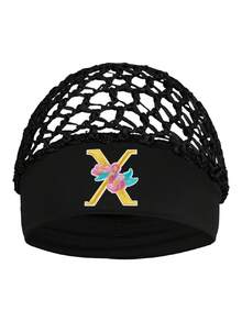 女款花卉刺繡字母網紗帽－個性化字母首字母彈性寬邊髮帽，鉤編鏤空夜間睡眠帽 - 黑色 - 查看 10