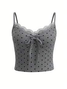 Polka Dot Design Cropped Camisole Tank Top, Summer Innerwear, Slim Fit, Flattering, Versatile Backless Top Casual - Grey - View 6