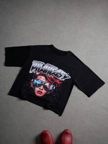 Manfinity Camiseta de Moda Callejera para Hombres Estilo Hip Hop Americano con Estampado de Retrato de Cabeza Grande de Doble Cara de Dibujos Animados - Negro - Ver 1