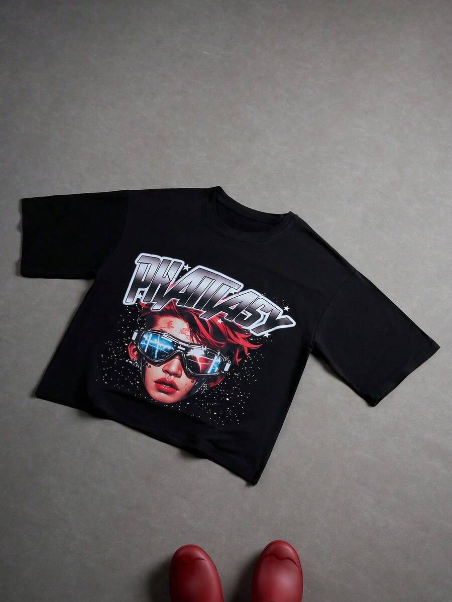 Manfinity Camiseta de Moda Callejera para Hombres Estilo Hip Hop Americano con Estampado de Retrato de Cabeza Grande de Doble Cara de Dibujos Animados - Negro - Ver 1