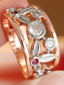 Two-Tone Hollow Wide Band Ring, Hollow Leaf And Flower Design, Inlaid With Round Red Synthetic Zirconia, Date, Valentine's Day Gift - Rose Gold - View 10
