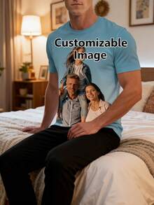 Custom Photo Men's Short Sleeve T-Shirt, Family Photo Print Pattern Casual Home Top, Christmas Birthday Gift For Dad, Husband, His Gift - Mint Blue - View 5