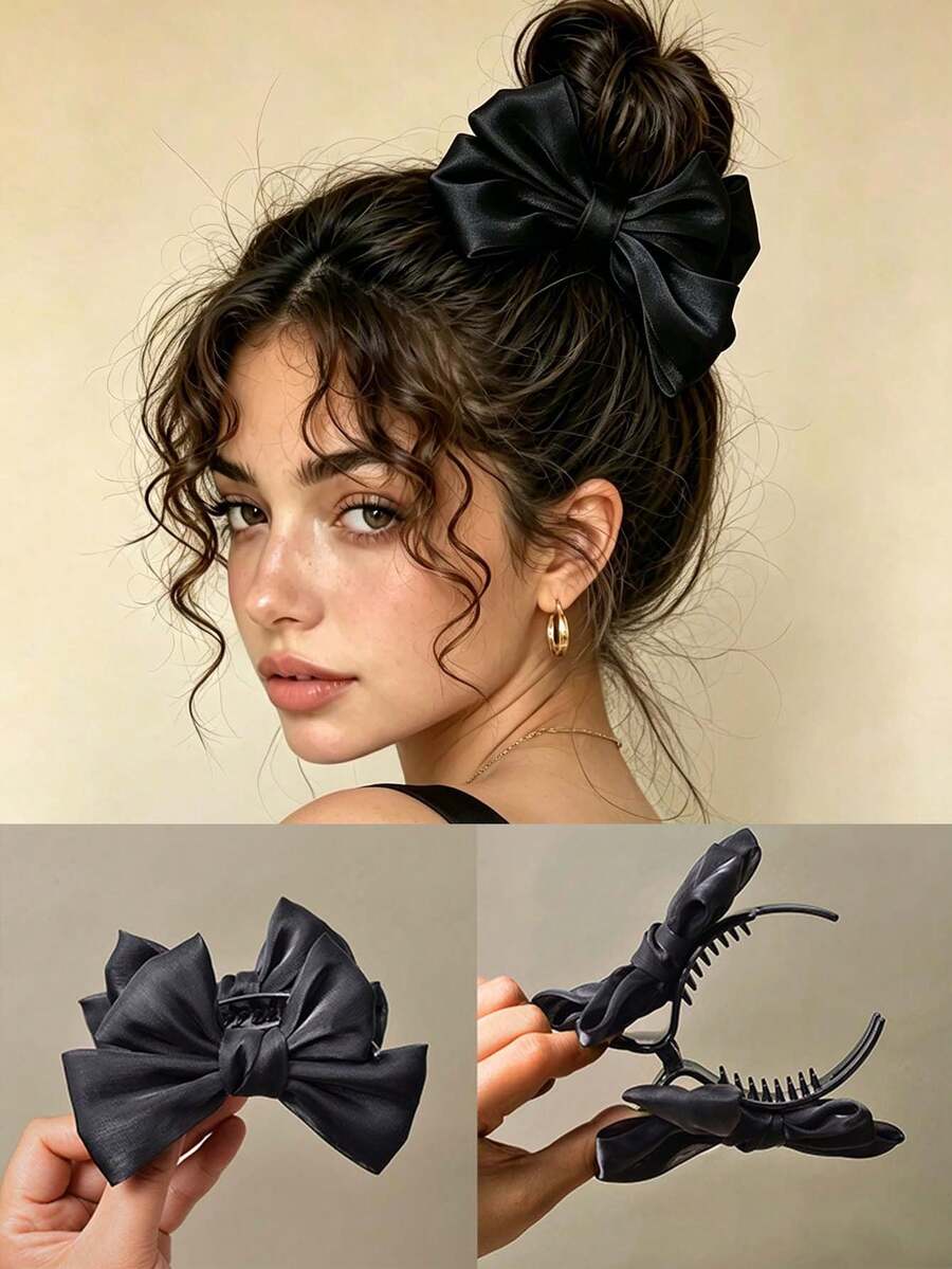 1pc Girls Holiday Black Satin Bow Bun Hair Claw Clip - Black - View 1