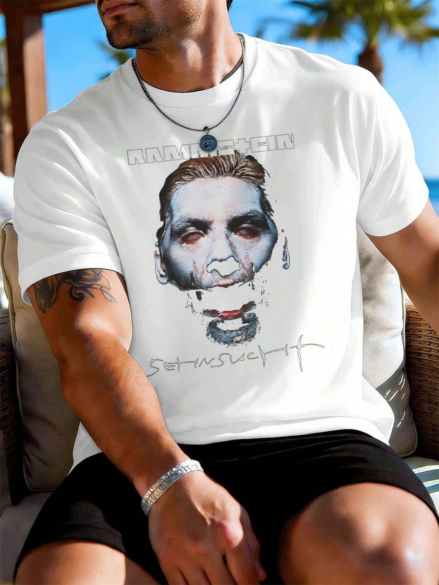 T-Shirt Da Uomo Rammstein Con Stampa Grafica, 100% Cotone, Vestibilità Comoda, Stile Street Hip-Hop, Design Grafico. - Bianco - Visualizzare 1