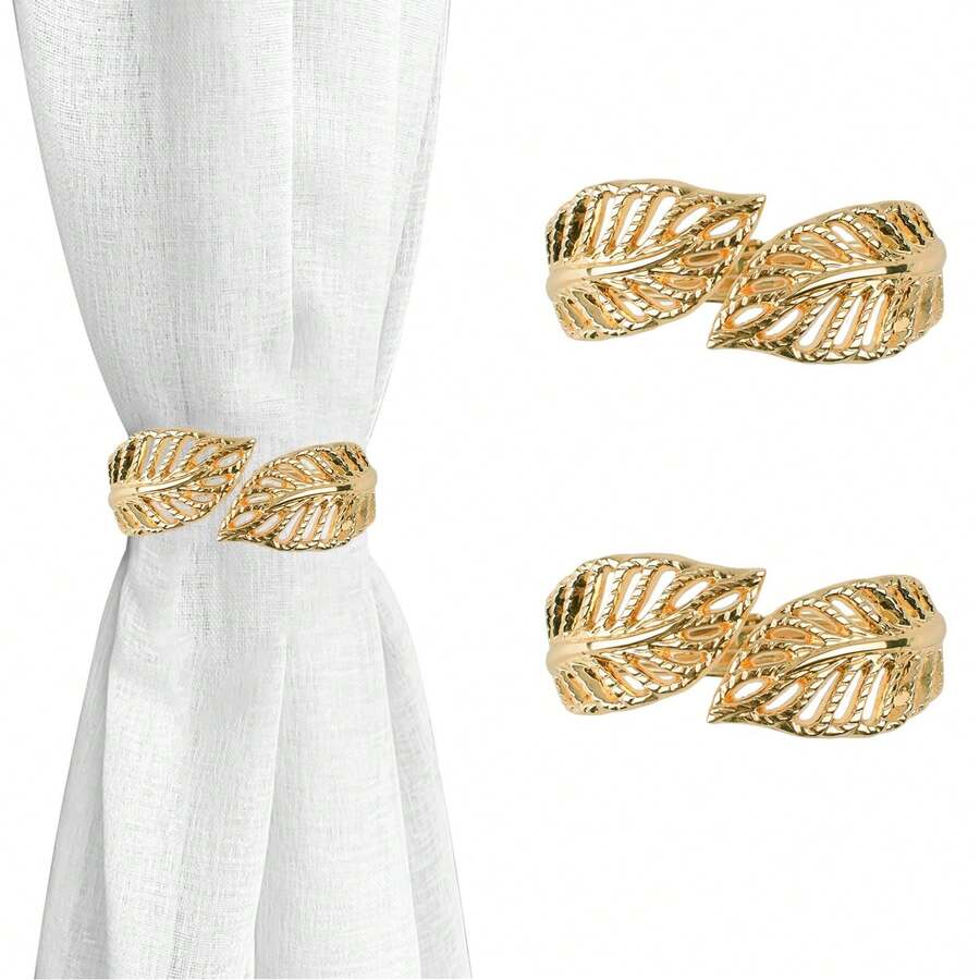 2pcs Zinc Alloy Decorative Curtain Tiebacks, Decorative Curtain Tie-Back Clips, Spring Curtain Fixing Clips, Suitable For Home And Office - Golden Hollowed-out Leaves - View 1
