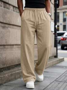 Men's Solid Color Drawstring Waist Casual Versatile Daily Travel Long Pants - Apricot - View 3