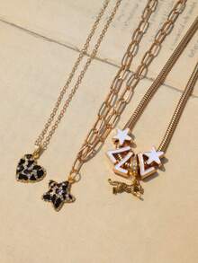 Leopard Print Star Heart Charm Necklace Set 3pcs Lucky Number 777 Necklace Set Star Girl Necklace - Gold - View 4