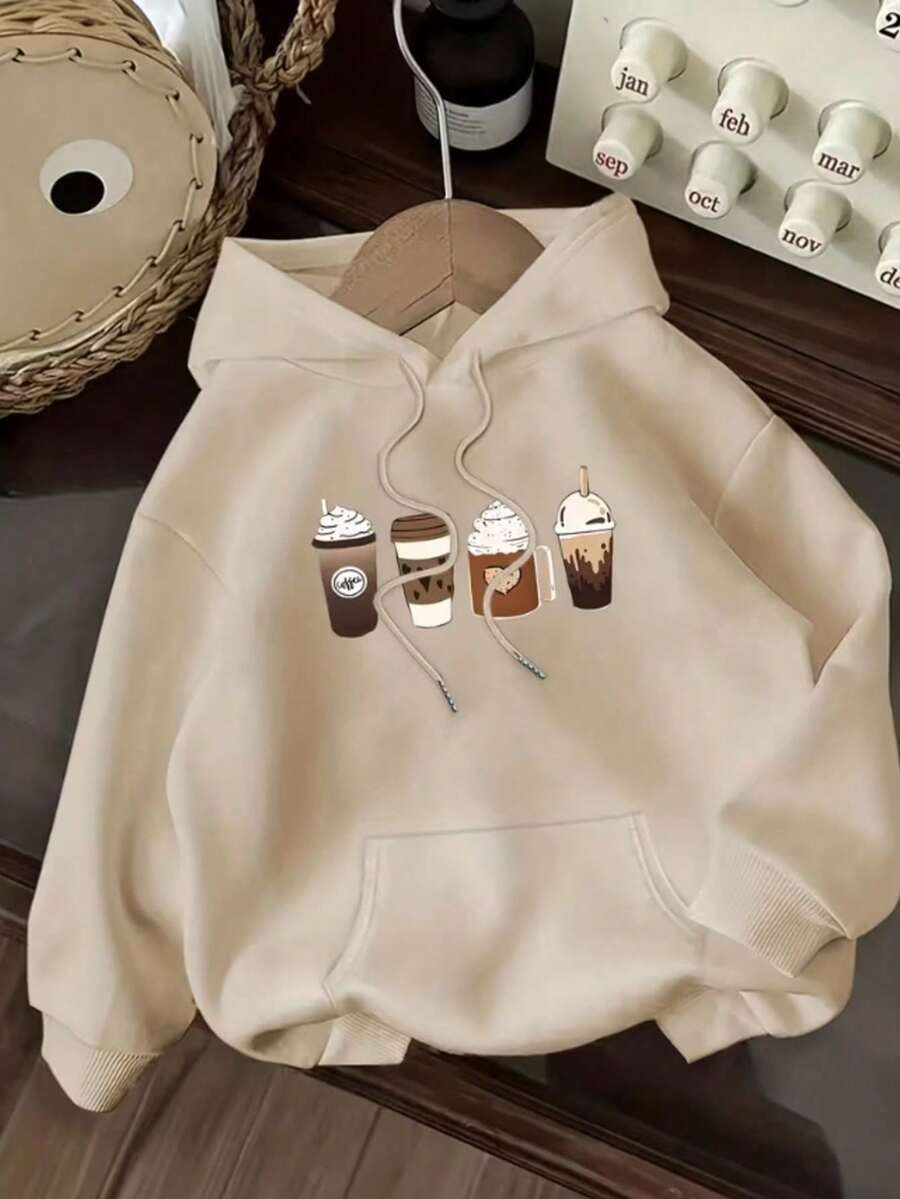 Blusa de frio feminina bege moletom feminino caqui moletom canguru confortável estiloso tecido macio quentinho casual streetwear universitária - Bege - Visão 1
