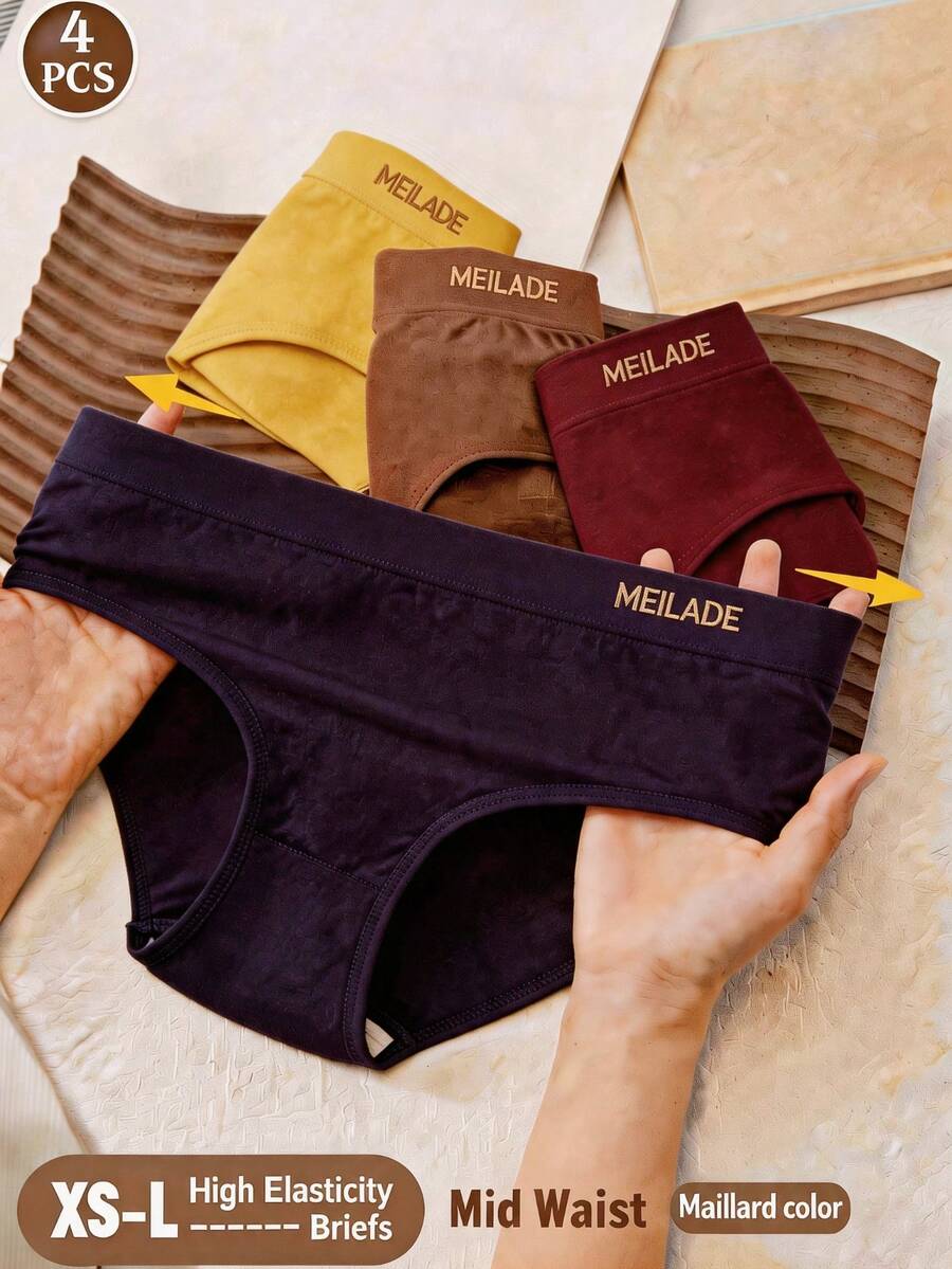 4pcs Seamless Mid-Waist Panties, Maillard Color Comfortable High Elasticity Triangle Briefs - Multicolor - View 1