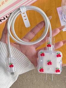 5件組可愛紅色櫻桃設計手機充電器保護套組，適用 20W/18W 充電器，含充電線保護套與充電頭保護套，防塵防摔，可愛女孩風，完美節日禮物 - 紅色 - 查看 2
