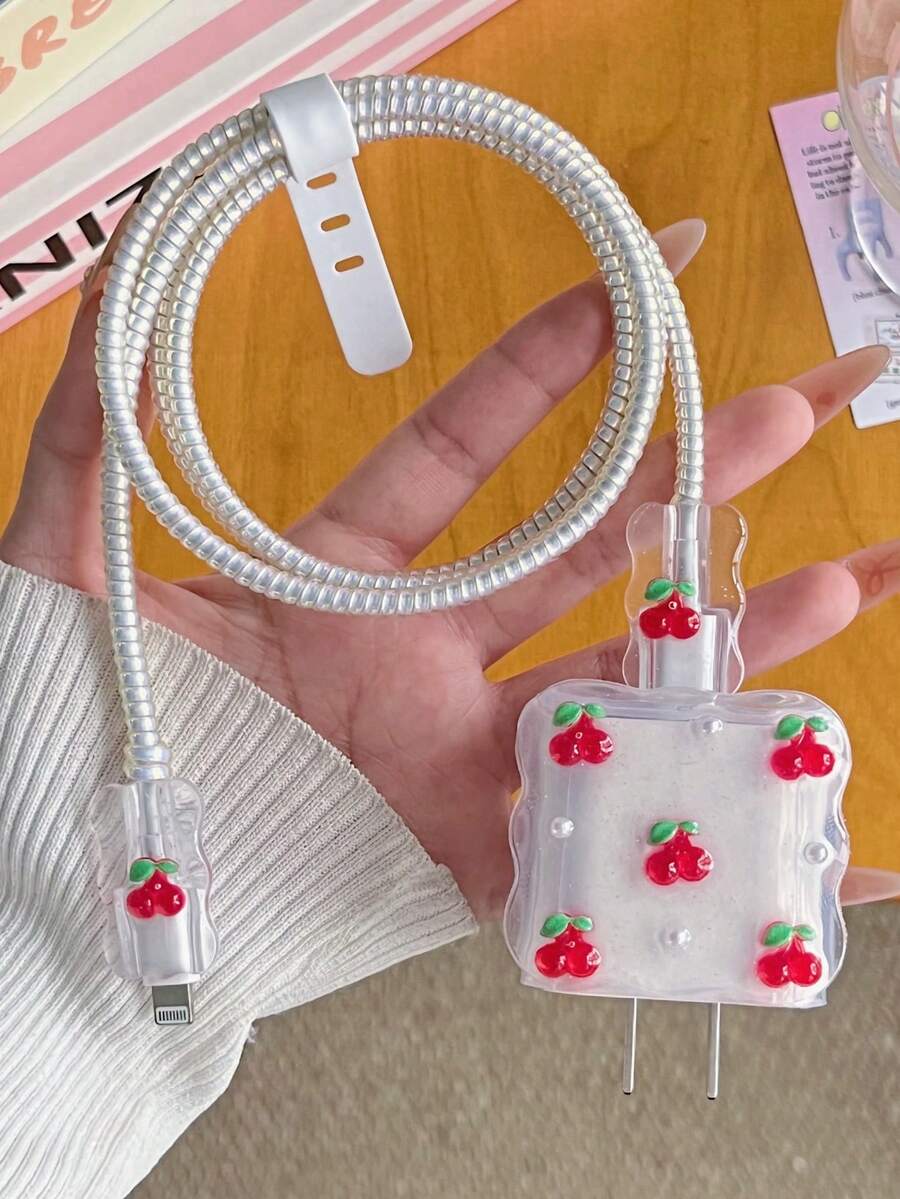 5件組可愛紅色櫻桃設計手機充電器保護套組，適用 20W/18W 充電器，含充電線保護套與充電頭保護套，防塵防摔，可愛女孩風，完美節日禮物