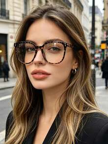 1 Pair Leopard-Print Bohemian-Style Oversized Transparent Glasses (PC Material) - Suitable For All Seasons - Multicolor - View 1