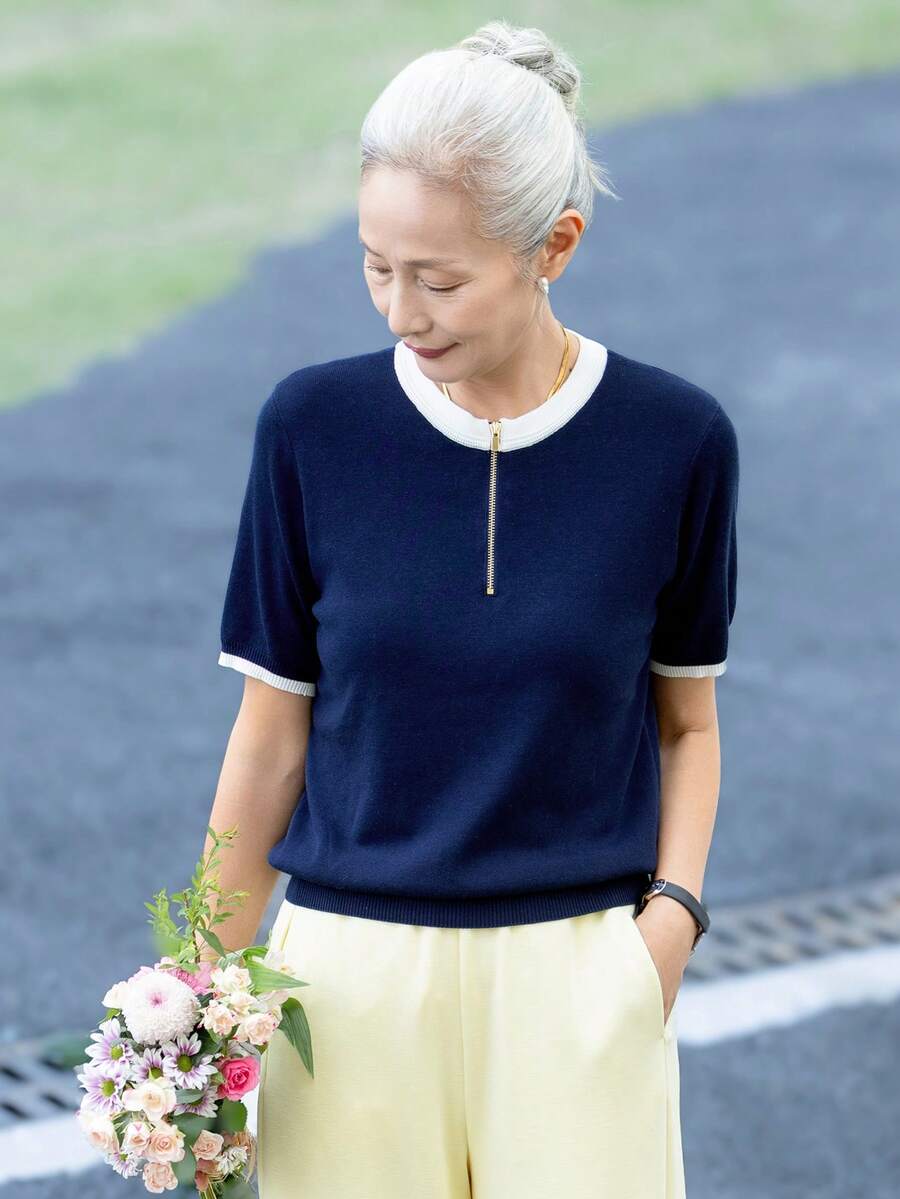 女款時尚海軍藍針織毛衣上衣,前拉鍊對比飾邊上衣,適合萬聖節、感恩節、聖誕節週末穿搭 - 藏蓝色 - 查看 1