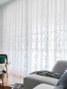 1pc White Floral Embroidered Sheer Curtain, Luxury Style Faux Linen Material Embroidered Sheer Curtain, Suitable For Living Room, Bedroom Windows And Door Decoration, Curtain Rod Not Included - White - View 4
