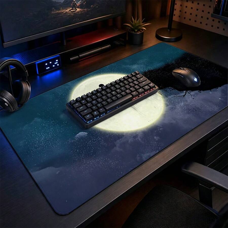 Giant Full Moon Silhouette Boy Dark Ink Cloud Large Gaming Desk Mat, Deep Blue Starry Sky Fantasy Print Non-Slip Rubber Extended Mouse Pad, Waterproof Long Keyboard Mat, Gaming Computer Desktop Decoration - View 1