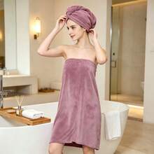 2pcs Wearable Towel And Hair Dryer Cap Set, Cute Bow Soft Ladies Shower Skirt, Adjustable Waist Bathrobe, Suitable For Home And Travel, Bathroom Accessories, Face Towel, Back To School Essential - Multicolor - View 11