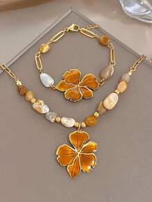 1Pc/Set Luxury Enamel Flower Clover Charm Necklace Bracelet With Naturally Stone Beads For Women,Gold Jewelry/Daily/Boho /Party/Y2K,Valentine/Vacation - Multicolor - View 1