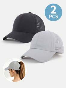 2 piezas Gorras de béisbol con agujero para coleta alta, gorras deportivas de malla perforada de secado rápido, gorras ajustables con protección solar y visera de pato - 2 piezas de secado rápido y transpirables - Ver 3