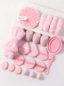 21/9/7/5Pcs Cosmetic Sponge Bundle, Teardrop & Triangle Makeup Sponges, Finger & Air Cushion Puffs, Cleansing Pads, Bow Hair Band, Wrist Bands, Silicone Brush Cleaning Bowl, Washable Daily Facial Makeup Blending Tools - Pink - View 12