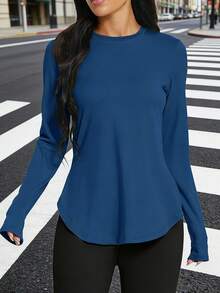 Women's Single Piece Outdoor Casual Daily Sports Style, Hem Split Long Sleeve Top Cover-Up, Simple Elastic Crew Neck Solid Color T-Shirt, Suitable For Early Spring Daily Commute, Gym Workout, Yoga Wear - Navy Blue - View 5