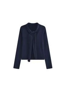 Korean Style Ribbon Short Sleeve Square Shoulder Knit T-Shirt, Slim Fit, Flattering, Elegant, Mature, Niche Top For Women In Summer - Navy Blue - View 4