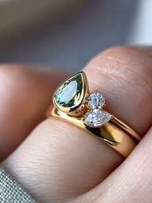 Tsnamer Two Rings Set With Uniquely Bezel-Set Pear-Shaped Cubic Zirconia Stones; Women's Stackable Rings Suitable For A Variety Of Occasions - Yellow Gold - View 2
