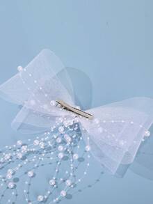 1 pièce Pince à cheveux alligator élégante et à la mode avec nœud surdimensionné, maille, perles et franges, accessoire pour voile de mariée, convient pour mariage et fête - Blanc - Voir 4