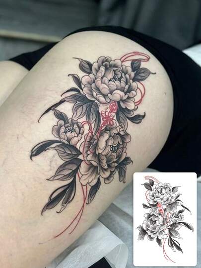 1 Pc Black Grey Sketch Peony Red Chinese Knot Wide Curved Thigh Temporary Tattoo Stickers, Oriental Retro Vintage Lucky Floral Fake Tattoo, Waterproof Large Leg Body Decor, Girls Hip Calf Matching Ins Viral Temporary Tattoos