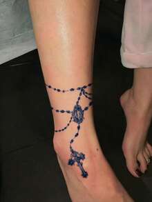 1 Pc Vintage Sketch Rosary Cross Ankle Temporary Tattoo, Retro Elegant Religious Pattern, Waterproof Wrap-Around Fake Tattoo Stickers For Ankle Foot Wrist Girls Soft Girly Body Decor - Black - View 3