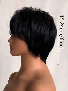 Women's Short Straight Human Hair Wig, 6 Inch Natural Black Brazilian Hair, 150% Density, Full Machine Made - Natural Black - View 7