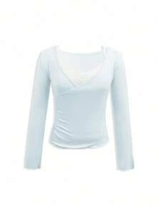 Set 2 Potong Atasan Layering Berkerah V Seksi Minimalis Musim Gugur - Baby Blue - View 7