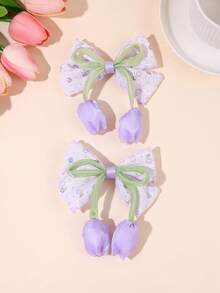 2pcs Pink Tulip Girl Bow Hair Clips, Satin Wavy Lace Edge Bow Hair Clips, Cute Flower Hair Accessories, Suitable For Daily Party Children Hair Accessories - Purple - View 4