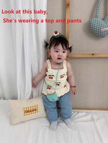 秋冬新款女童服飾，可愛嬰兒女童針織刺繡細肩帶上衣，精緻草莓刺繡內搭短版上衣（本品為短版上衣，需搭配長褲，非洋裝，謝謝！！尺寸偏小，請訂購大一號） - 杏色 - 查看 3