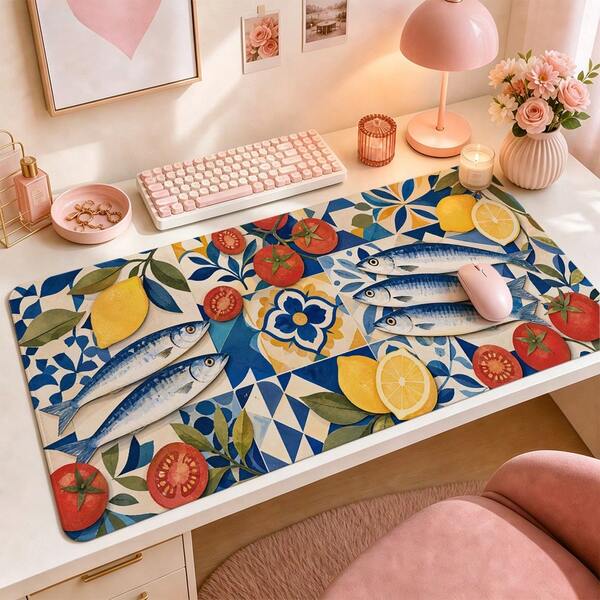 Sardine Tomato Mediterranean Mosaic Large Mouse Pad, Colorful Desk Mat, Non-Slip Extended Mouse Pad, Suitable For Office, Laptop, Home Decor And Kitchen Gift