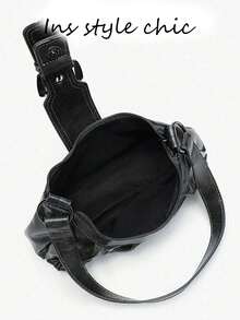 Simple Ruched Shoulder Bag Front Large Buckle Design Side Small Strap Decor Adjustable Single Strap Lightweight Armpit Bag For Shopping Casual Use - Black - View 3