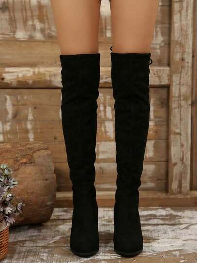 Women's Pure Black Fabric Over-The-Knee Boots, Chunky Heel Elastic Thigh-High Boots, Back Lace-Up Slip-On Long Boots, Suitable For Daily, Party, Nightclub Wear