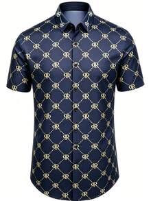 Men's Summer Deep Blue Vintage Letter RR Argyle Pattern All-Over Print Short Sleeve Polo Collar Business Casual Button-Down Shirt - Navy Blue - View 3