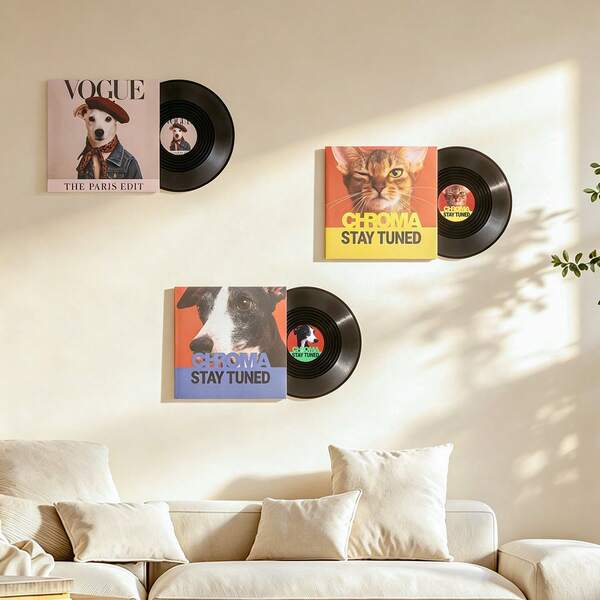 1 Peça Decoração de Parede com Tema de Gato e Cachorro em Disco de Vinil Preto, Placa Decorativa Redonda de PVC de 12 Polegadas, Impressão de Alta Definição, Forte Resistência às Intempéries, Design Pré-Perfurado, Sem Necessidade de Eletricidade, Adequado para Entrada de Casa