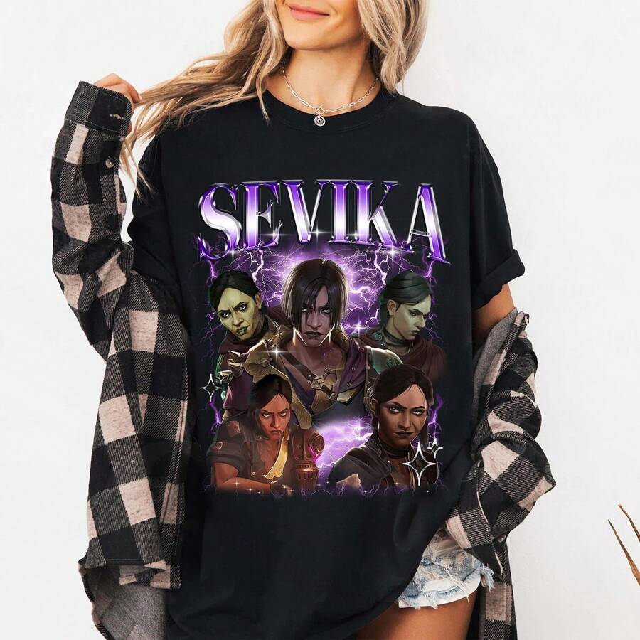 Camiseta Sevika Arcane de 12 estilos, camiseta Sevika Silco, anime Jinx Vi, mercancía de Arcane, JJK, camiseta retro estampada de moda para hombres y mujeres - Negro - Ver 1