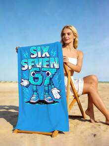 1条“SIX SEVEN”时尚沙滩巾，卡通“67”印花，超柔软速干吸水大号沙滩巾、浴巾、沙滩泳巾、浴室用品、游泳用品、健身用品、瑜伽用品、露营用品，柔软舒适，超细纤维材质，轻便易携，防风防晒，适合夏季旅行、浴室使用、沙滩装饰，是海滩度假的必备礼物（单面印花）。 - 藍色67 - 查看 6