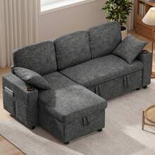 2 Seater Sofa Bed, 3 In 1 Convertible Corner Sofa Bed, 190cm Pull Out Linen Double Sleeper Chair With Pocket And Adjustable Backrest For Living Room - Chenille Dark Grey - 3-seater - View 1