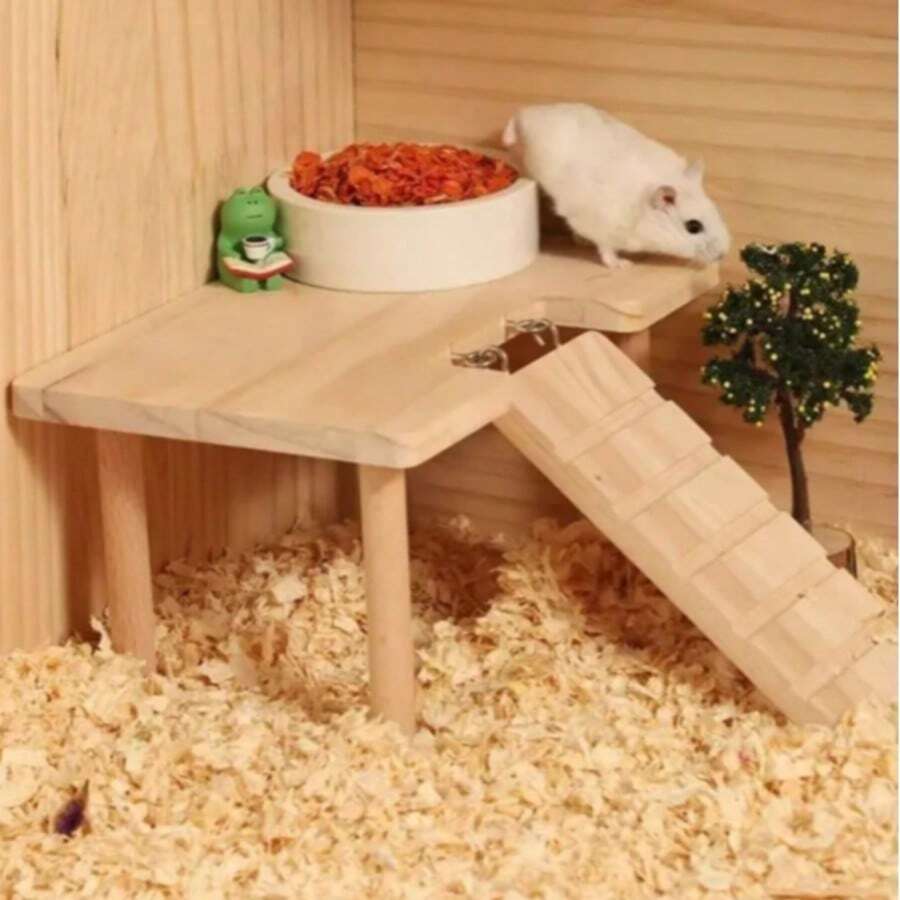 1 Set Solid Wood Double-Layer Platform Table With Ladder, Suitable For Hamsters, Gerbils, Golden Hamsters Climbing, With Hideout And Landscape Platform, For Small Pets, All-Season Use - one-size - View 1