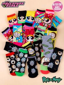 Warner Bros 6/12/20 Pairs Random Women's Socks Warner Series The Powerpuff Girls And Rick And Morty Collaboration Cute Cartoon Print Including Bubbles, Blossom, Buttercup, Funny Character Portraits, Lettering, Versatile, Comfortable, Fashionable Color-Block Design, Reinforced Toe And Heel, Durable, Suitable For All Seasons - Multicolor - View 2